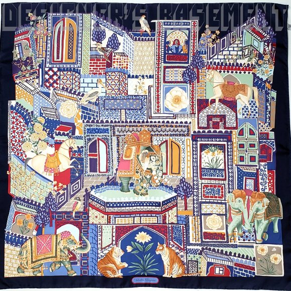 SALVATORE FERRAGAMO navy Jungle Tower GEMMA ELEPHANT silk scarf NWT + envelope🎁 - Picture 1 of 5